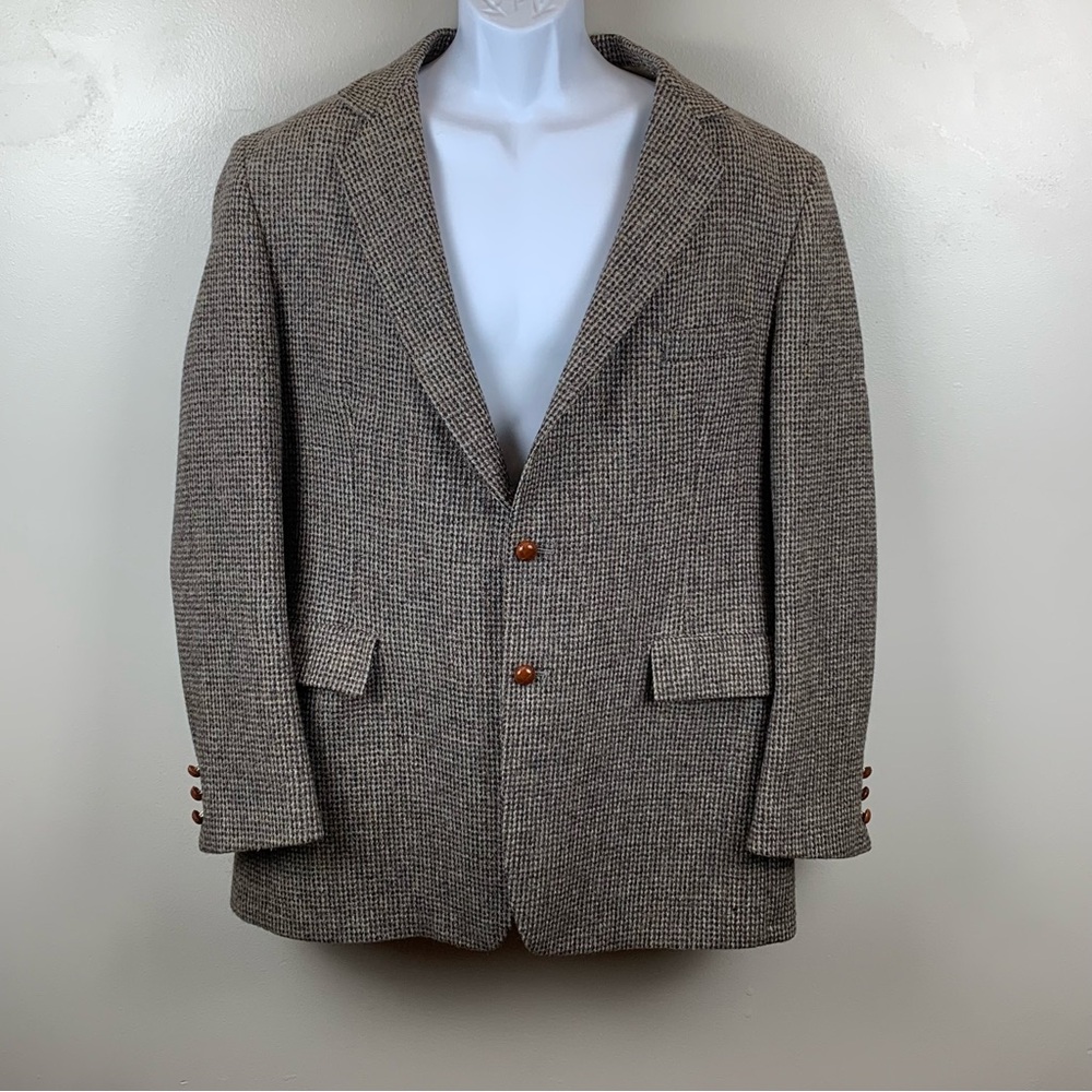 Vintage Harris Tweed Brown Check Pure Scottish Wool Size 46L Sport Coat Blazer